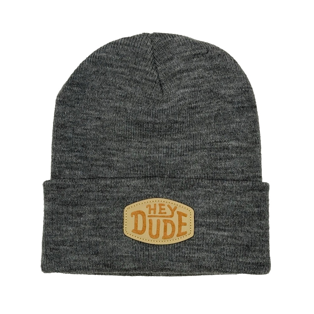 HeyDude Knit Beanie Grey Ethched Leather Patch One Size